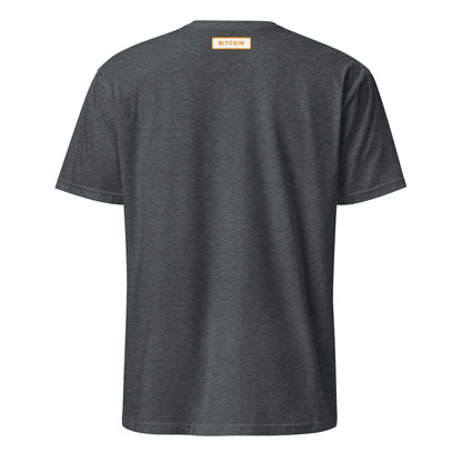 The Get Off Zero T-Shirt is shown from the back, featuring a small orange rectangular label near the neckline with "Bitcoin" in bold white letters. Its short sleeves and minimalist design make it ideal for casual outings in cities such as Sydney or Brisbane.