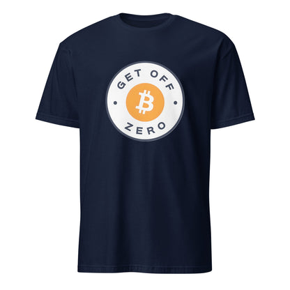 A navy blue Get Off Zero T-shirt features the phrase "GET OFF ZERO" in white, encircling a Bitcoin logo. The prominent Bitcoin symbol is highlighted in orange on a white background, capturing the vibrant spirit of Australia from Sydney to Brisbane.