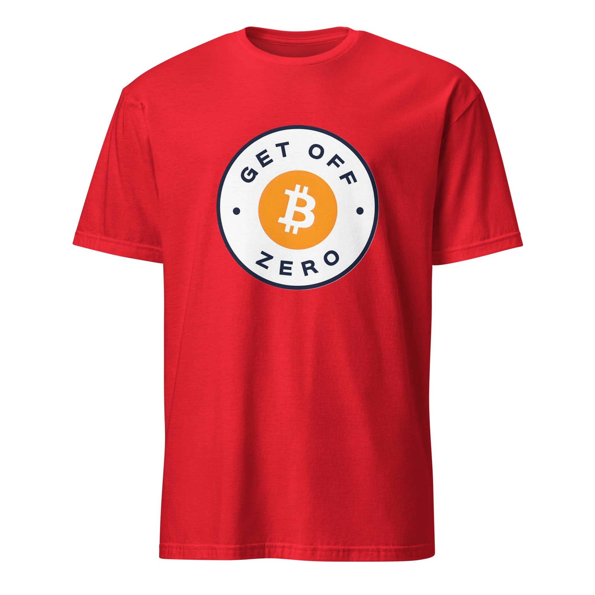 The Get Off Zero T-Shirt is a red t-shirt showcasing a prominent circular logo in the center. The logo features an orange Bitcoin symbol on a white background, outlined in black, with "GET OFF ZERO" encircling it. This bold design is perfect for fans from Sydney and Melbourne.