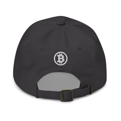 The Hashtag hat, a black baseball cap featuring a Bitcoin logo, is perfectly embroidered on the back just above the adjustable strap with a bronze-colored metal buckle. The smooth fabric and the white and gray stitching of the logo subtly nod to Sydney's sleek urban style.