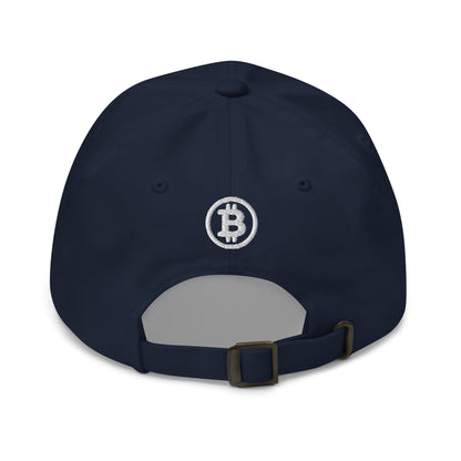 Introducing the Hashtag hat: This navy blue baseball cap features a white embroidered Bitcoin logo near the crown. With its adjustable strap and brass-colored buckle, it ensures a perfect customizable fit—ideal for city strolls in Melbourne or soaking up sunny days in Brisbane.