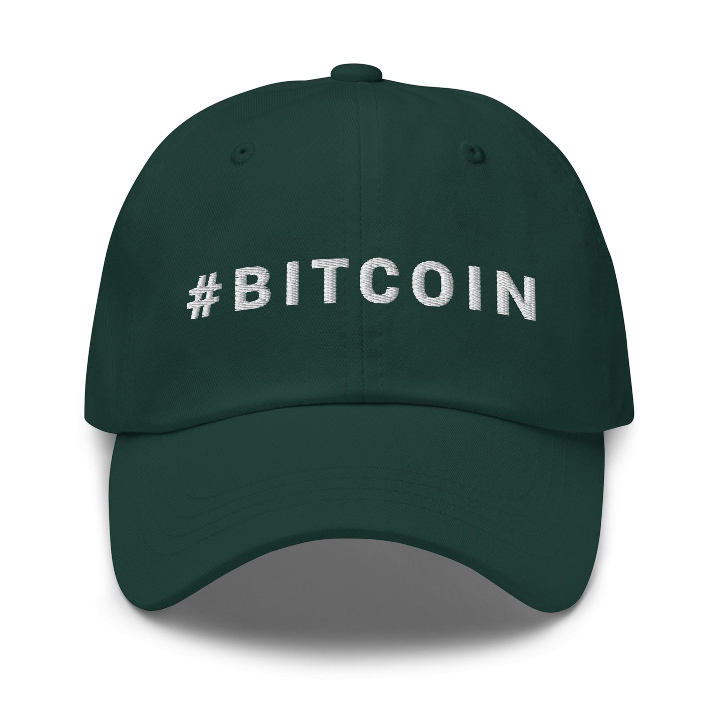 Introducing the Hashtag Hat: a stylish dark green baseball cap featuring "#BITCOIN" embroidered in white on the front. With its curved brim and visible stitching, this accessory exudes a casual and sporty vibe. Ideal for residents of Sydney or Brisbane, the plain white background highlights its trendy appeal.