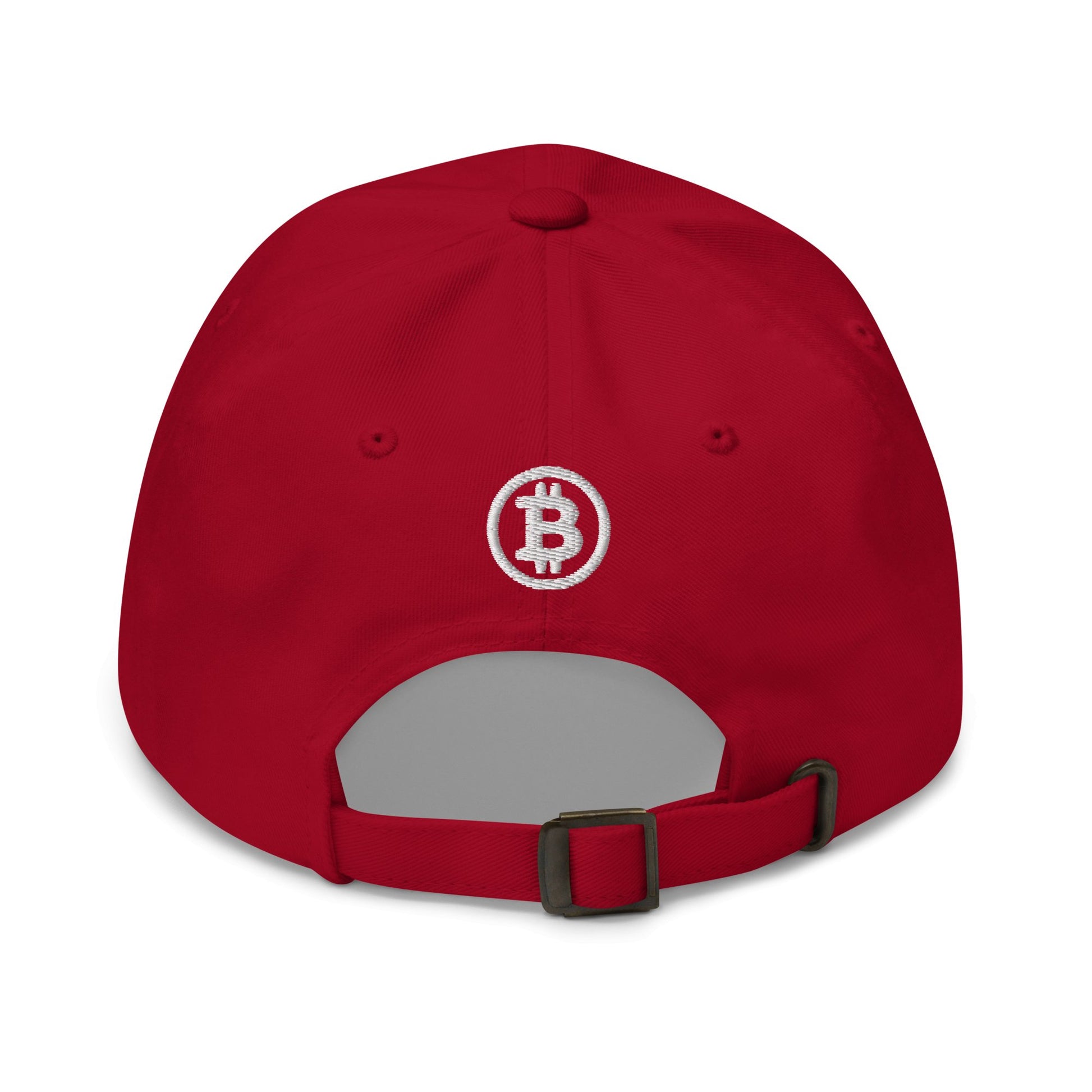 Introducing the Hashtag hat: a red baseball cap featuring an adjustable strap with a metal buckle, ideal for city adventures in places like Sydney or Melbourne. A white embroidered Bitcoin symbol is prominently centered above the strap. The cap boasts smooth fabric, complemented by a top button and visible stitching along its panels.