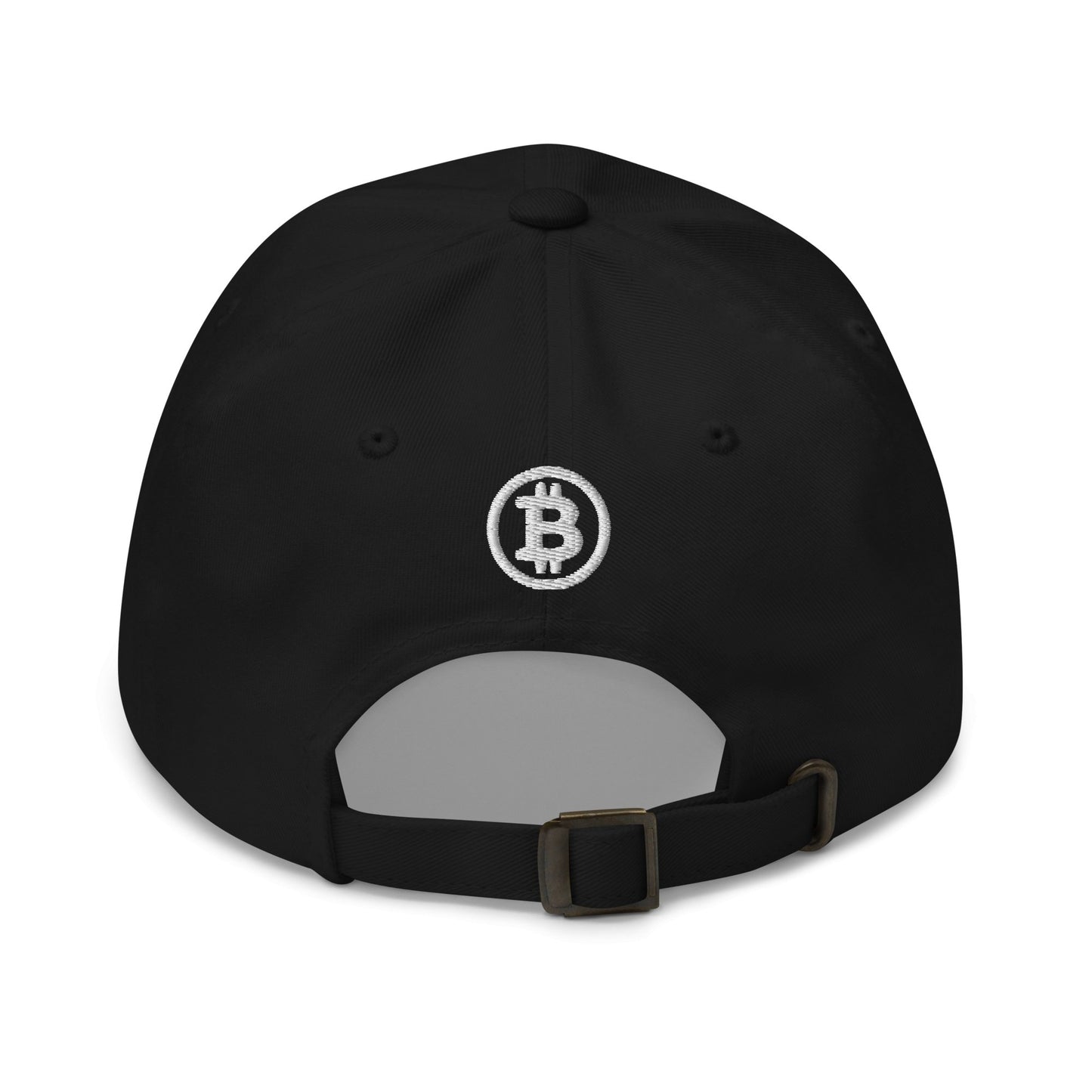 The Hashtag hat is displayed from the back, showcasing a white embroidered Bitcoin logo with a stylized "B" and two vertical lines. Ideal for crypto enthusiasts in Sydney or Melbourne, this black baseball cap includes an adjustable strap with a metal buckle for fastening.