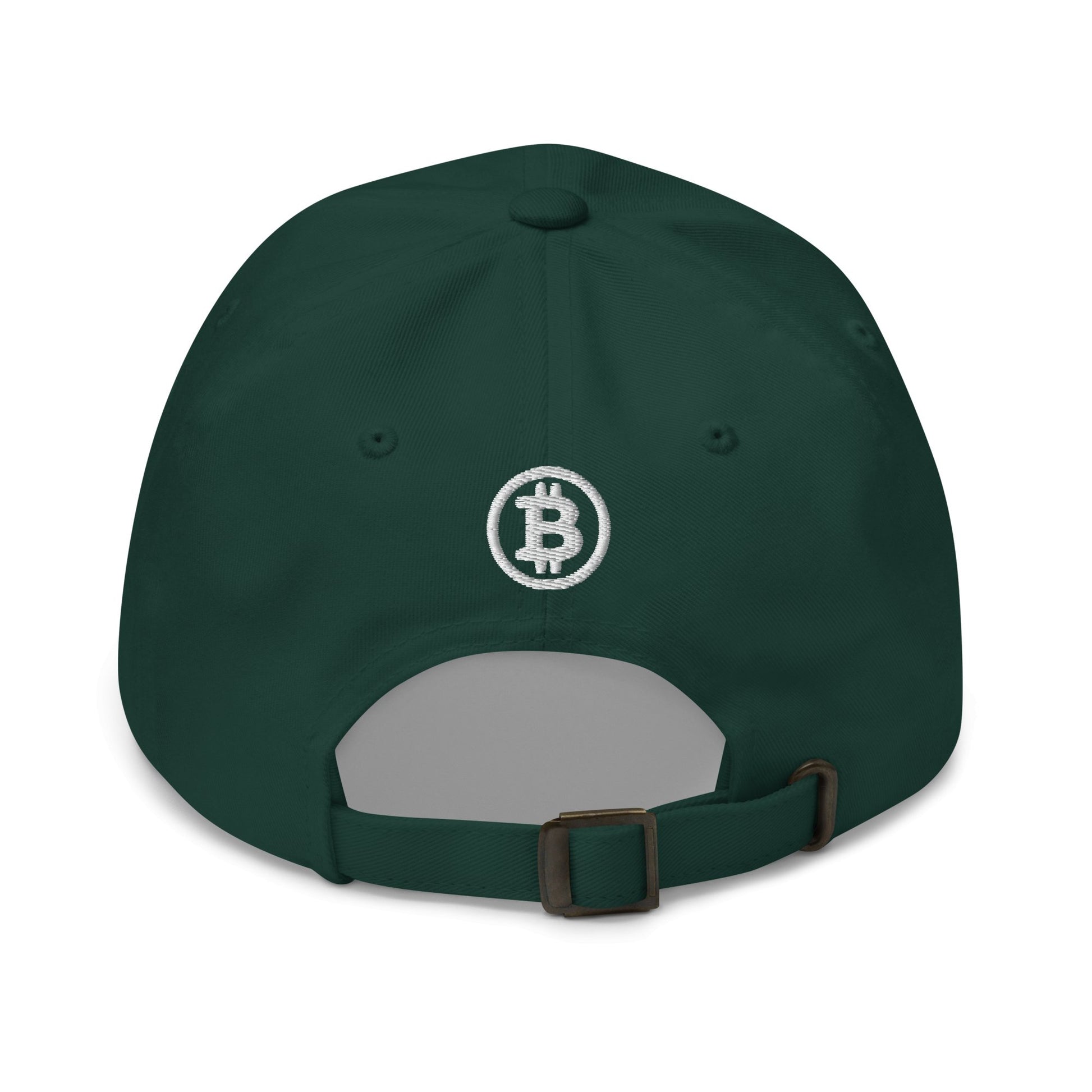 From the back, the Hashtag hat showcases a dark green color with an embroidered white Bitcoin symbol, making it an ideal accessory for exploring cities like Sydney or Melbourne. It includes a fabric strap and metal buckle for easy adjustment, with the logo centrally positioned above the strap. The design is simple, featuring a curved brim at the front.