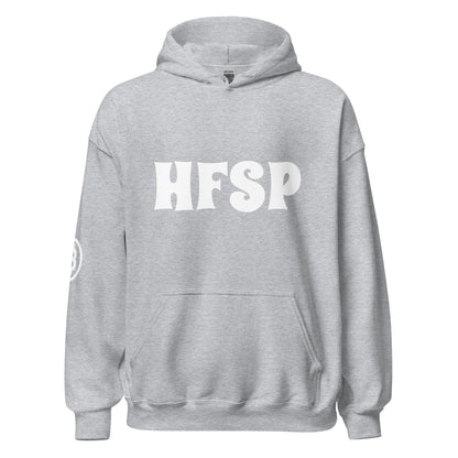 The HFSP Unisex Hoodie embodies the laid-back essence of Melbourne with its gray color and bold, white "HFSP" lettering on the chest. It includes a front pocket, long sleeves, and a circular white emblem on the right sleeve. Made from soft and comfortable fabric, this hoodie offers a relaxed fit along with a cozy hood.