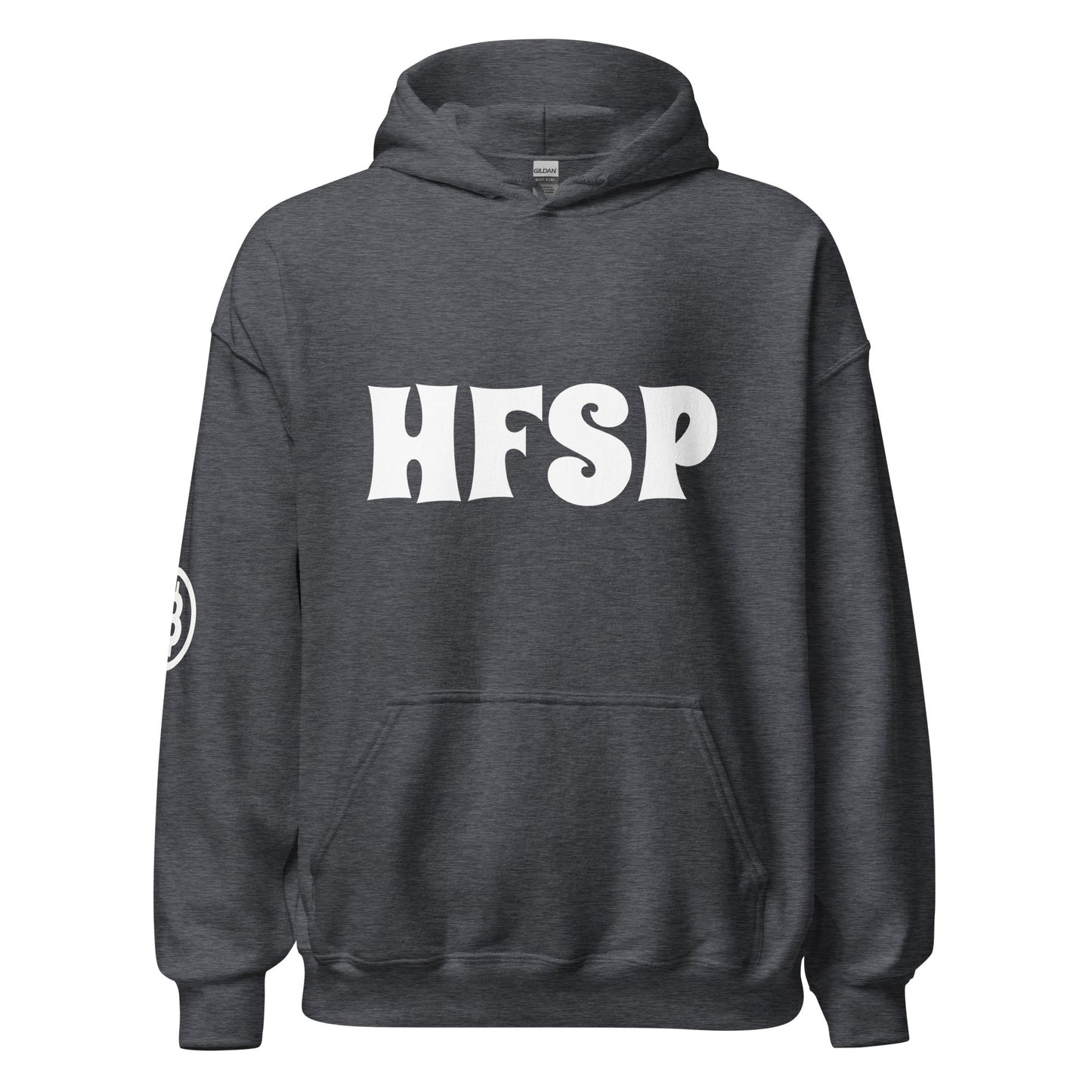 The HFSP Unisex Hoodie is a dark gray piece emblazoned with the bold white letters "HFSP" on the front. It features a convenient front kangaroo pocket and ribbed cuffs for comfort. Adding to its unique style, you'll find a small circular logo adorning the left sleeve. Drawing inspiration from Australia, this hoodie infuses Sydney's urban vibe into your wardrobe, set against a plain white background.