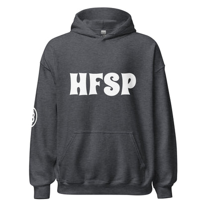 The HFSP Unisex Hoodie is a dark gray piece emblazoned with the bold white letters "HFSP" on the front. It features a convenient front kangaroo pocket and ribbed cuffs for comfort. Adding to its unique style, you'll find a small circular logo adorning the left sleeve. Drawing inspiration from Australia, this hoodie infuses Sydney's urban vibe into your wardrobe, set against a plain white background.