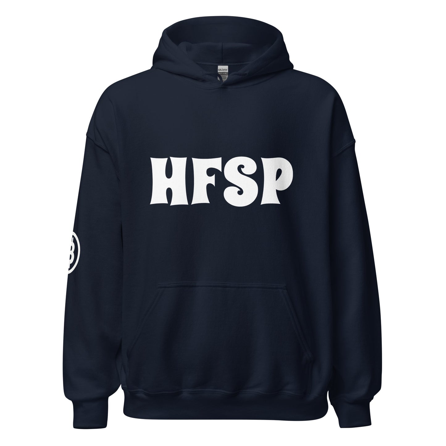 Introducing the HFSP Unisex Hoodie in navy blue, featuring bold white "HFSP" lettering across the front. Ideal for fans of Australia, this hoodie showcases a unique white circular logo on the left sleeve, proudly referencing iconic cities like Sydney and Melbourne. It comes with a practical front pocket and a comfy hood with drawstrings, offering a soft and slightly oversized fit.