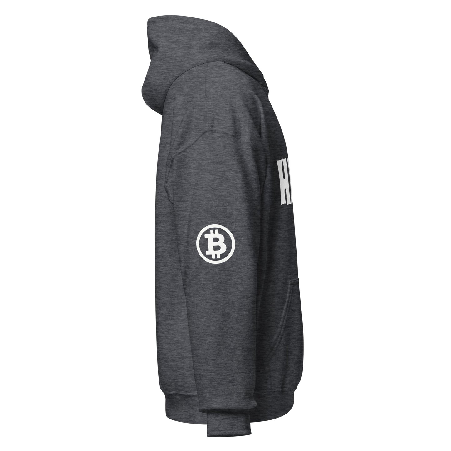 Side view of the HFSP Unisex Hoodie in dark gray, featuring a large front pocket. The sleeve is adorned with a white Bitcoin logo, and the chest displays large white letters that end with "HO." Ideal for wandering through Sydney's streets, this hoodie offers a relaxed fit along with ribbed cuffs and waistband.