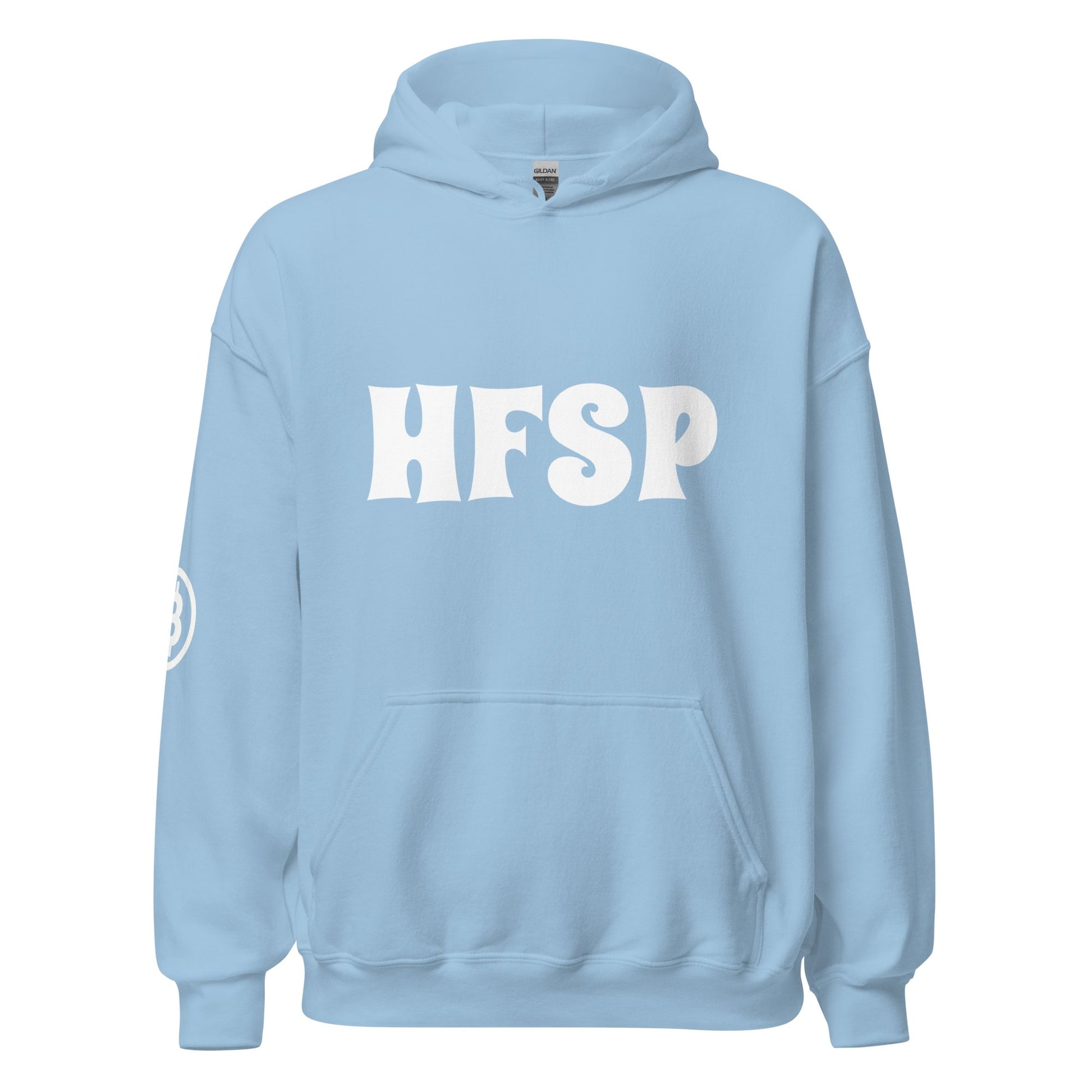 Product Description: The HFSP Unisex Hoodie comes in a light blue shade and features bold, stylized white "HFSP" text on the chest. On the right sleeve, it showcases a white circular design with a stylized "B" inside, evoking the vibrant essence of Sydney streetwear. Equipped with a front pocket and wide hood, this hoodie perfectly captures urban style.