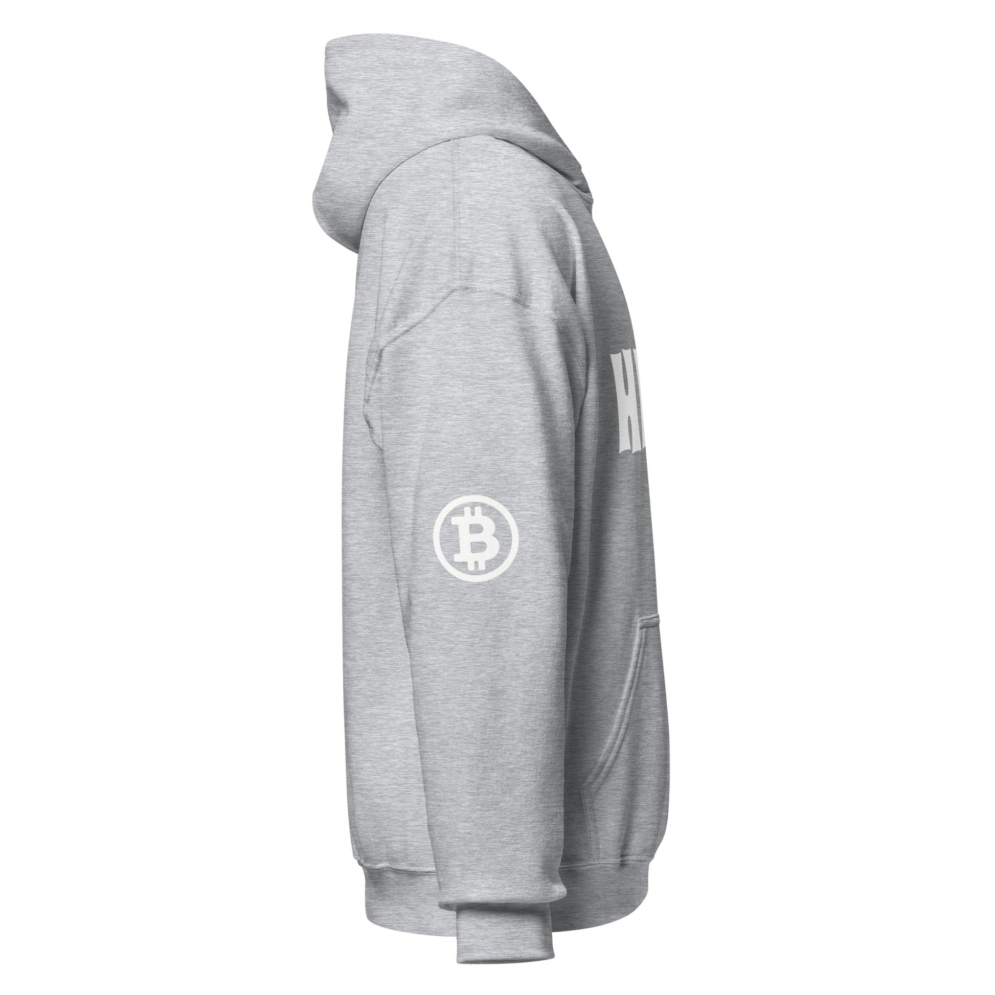 Side view of the HFSP Unisex Hoodie in gray, featuring "HODL" in white text on the front and a white Bitcoin logo on the sleeve. Equipped with a front pocket and ribbed cuffs, this cozy hoodie is ideal for exploring urban landscapes such as Sydney or Melbourne. Displayed against a white background.