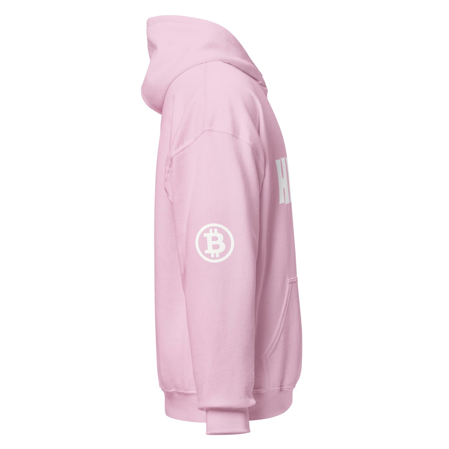 The HFSP Unisex Hoodie is shown in side view, featuring a vibrant pink color with a hood and front pocket. The sleeve displays a white Bitcoin logo, and the word "HODL" is partially visible in white on the chest. Made from soft fabric to ensure maximum comfort, this hoodie is ideal for Bitcoin enthusiasts thriving in dynamic cities like Melbourne or Sydney. The product is presented against a clean white background.