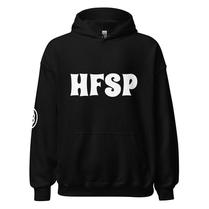 Introducing the HFSP Unisex Hoodie: This black hoodie prominently displays "HFSP" in bold white letters across the front. It includes a spacious front pocket and features a small circular design with the letter "B" on the left sleeve. Drawing inspiration from urban vibes spanning from Sydney to Brisbane, this relaxed-fit hoodie is designed with a drawstring hood for ultimate comfort and chill style.