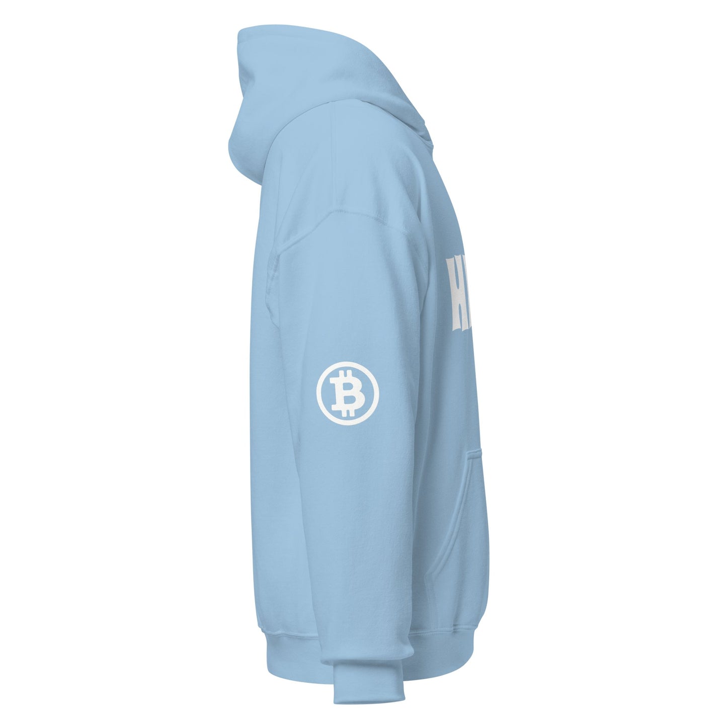 Side view of the HFSP Unisex Hoodie in light blue, featuring a hood and front pocket. The upper sleeve displays a white Bitcoin logo, ideal for those exploring Sydney's tech hubs. White letters "H" and "E" are partially visible on the chest. The hoodie is set against a plain white background.