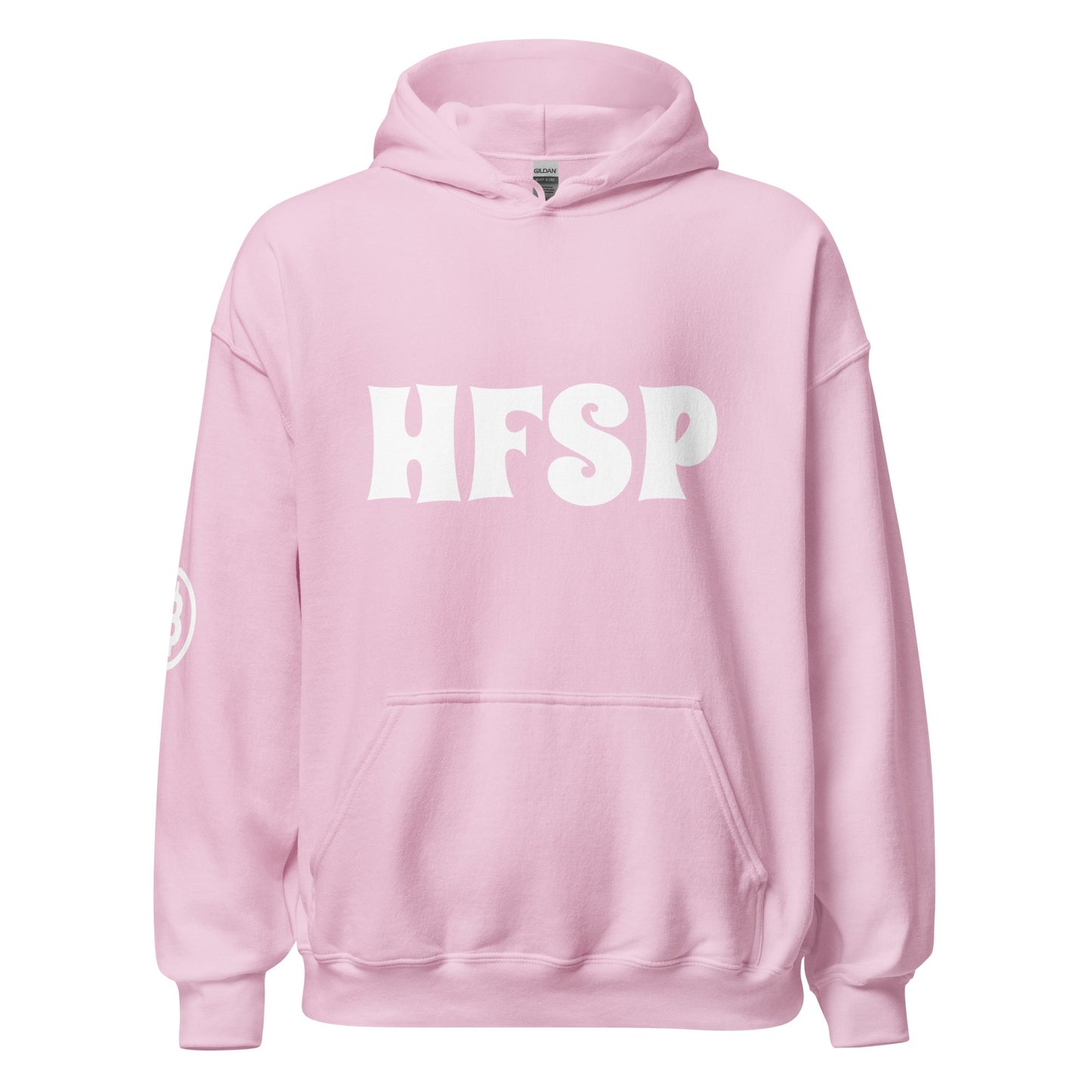 Introducing the HFSP Unisex Hoodie: a chic light pink garment adorned with eye-catching white "HFSP" across the chest. Ideal for a leisurely walk in Brisbane or any Australian locale, it includes a spacious front pocket and ribbed cuffs for added comfort. The left sleeve is accentuated with a small circular logo featuring a stylized "B," while its classic hooded design is casually down, enhancing its timeless appeal.