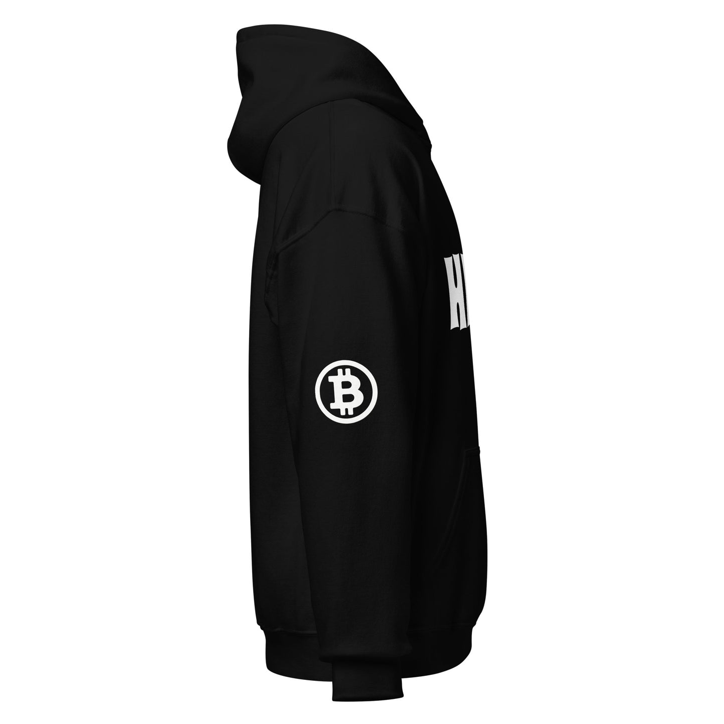 Side view of the HFSP Unisex Hoodie in black, showcasing large white letters on the front (partially visible, beginning with "H"). The left sleeve features a white Bitcoin symbol. This hoodie includes a front pocket and ribbed cuffs, making it ideal for leisurely walks through Melbourne's streets. The hood is upright against a plain white background.