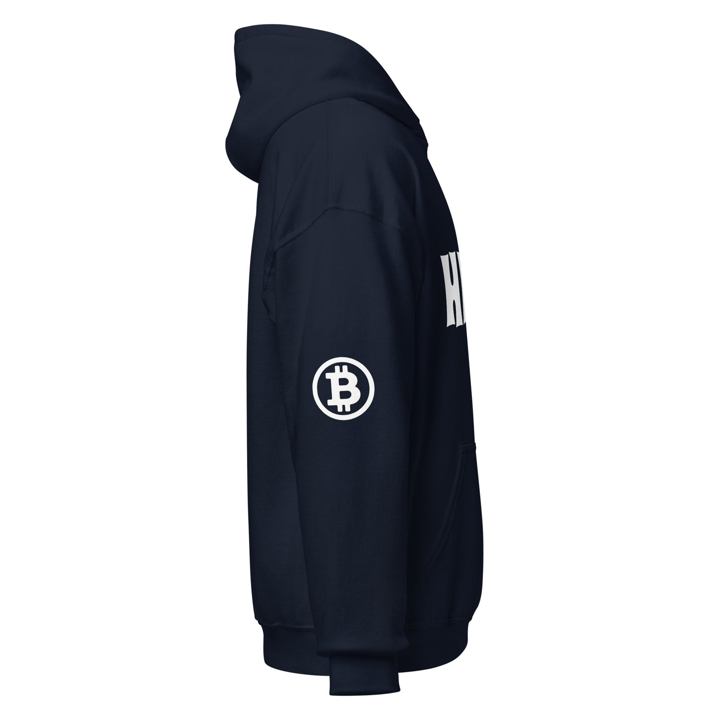 The HFSP Unisex Hoodie in navy blue boasts long sleeves and a distinctive white Bitcoin symbol on one sleeve. Ideal for strolls in Brisbane or Melbourne, it includes a front pocket and hood. Large white text, partially visible on the front, enhances its style with a nod to Sydney's dynamic streetwear culture.