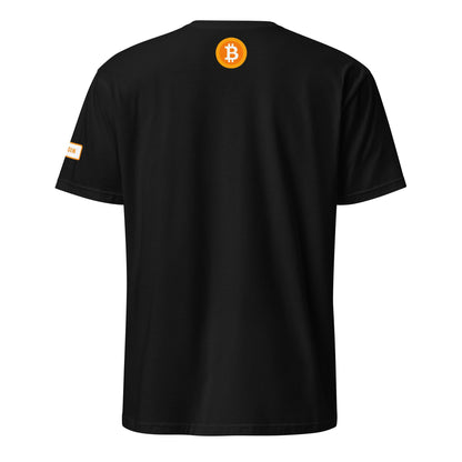 The HFSP Unisex Tee showcases a large orange Bitcoin logo on the back, featuring a "B" with two vertical lines against a black background. A small orange rectangle tag with "BITCOIN" embellishes the left sleeve. Its classic crew neck design makes it an ideal choice for Bitcoin enthusiasts in Sydney or Melbourne.