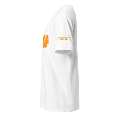 The HFSP Unisex Tee showcases a side view of its white fabric adorned with bold orange "SP" letters on the front. A small orange rectangle reading "BITCOIN" enhances the left sleeve. Set against a clean, white background, this tee exudes minimalistic elegance. Ideal for casual events from Sydney to Brisbane, it seamlessly blends style with simplicity.