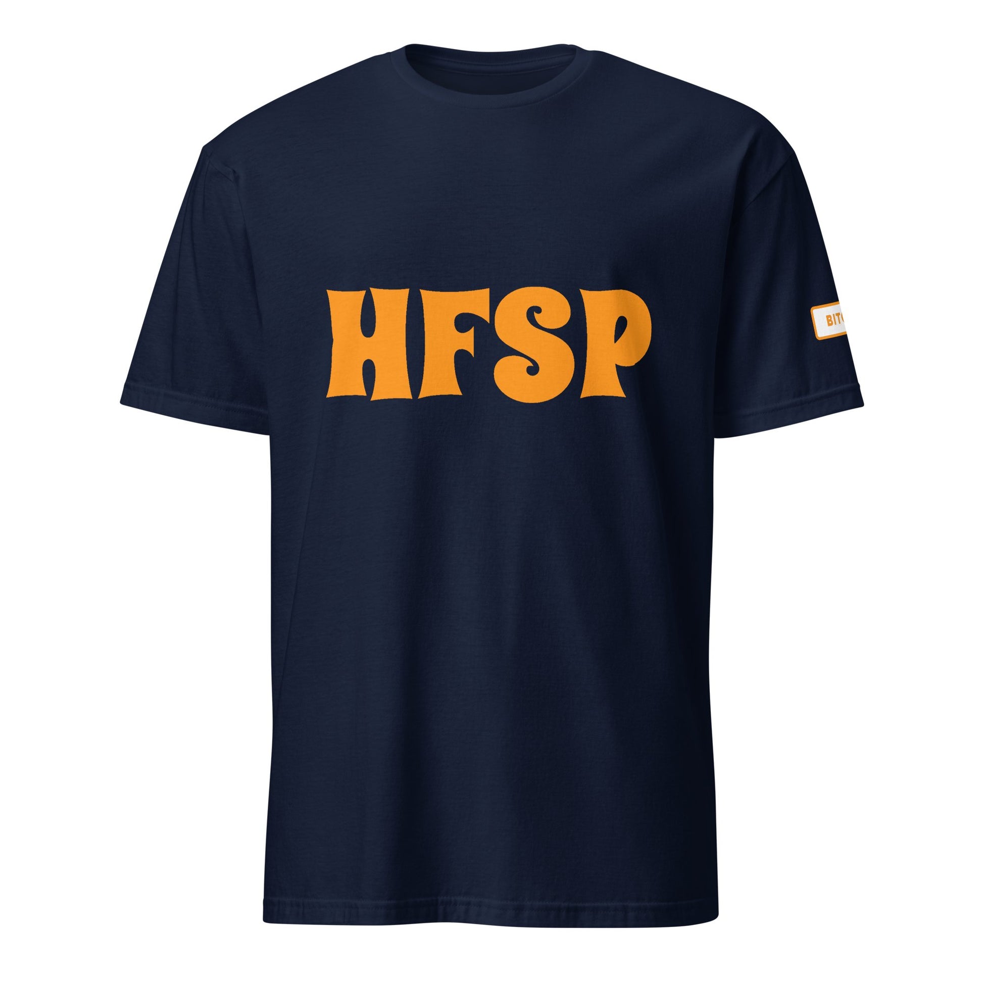 Navy blue HFSP Unisex Tee adorned with large, bold orange "HFSP" lettering on the front. A small tag with subtle text embellishes the left sleeve. The tee is set against a plain white background, embodying a casual yet vibrant style influenced by the streets of Sydney and Melbourne.