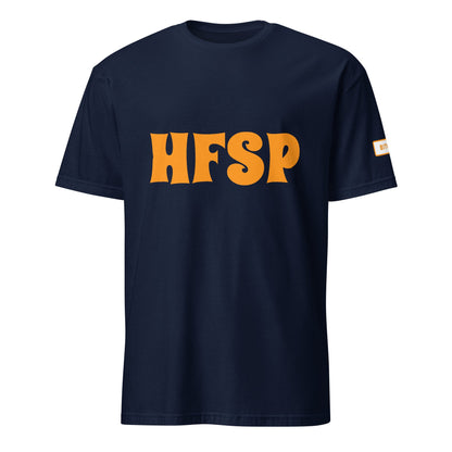 Navy blue HFSP Unisex Tee adorned with large, bold orange "HFSP" lettering on the front. A small tag with subtle text embellishes the left sleeve. The tee is set against a plain white background, embodying a casual yet vibrant style influenced by the streets of Sydney and Melbourne.