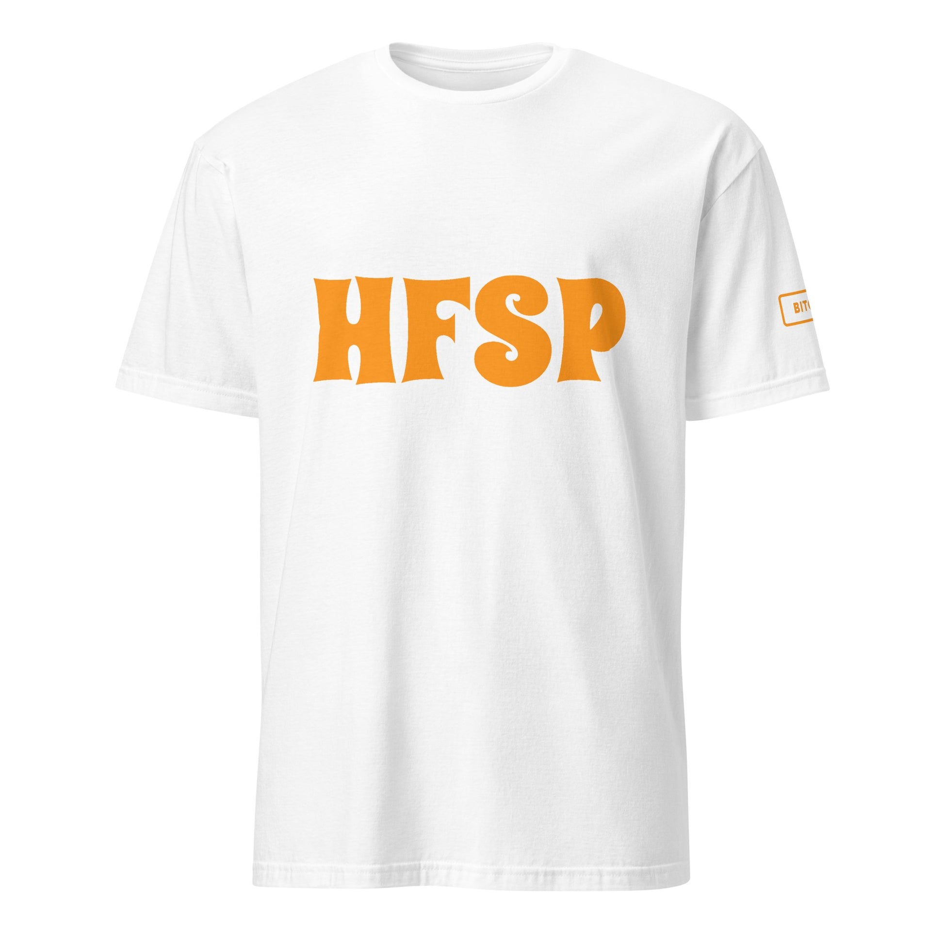 The HFSP Unisex Tee features "HFSP" prominently in bold, orange letters across the chest, giving it a playful and retro feel. A small, subtle logo adorns the left sleeve. Designed with a classic crew neck and short sleeves, this white T-shirt possesses a clean look inspired by the vibrant cities of Australia such as Sydney and Melbourne.