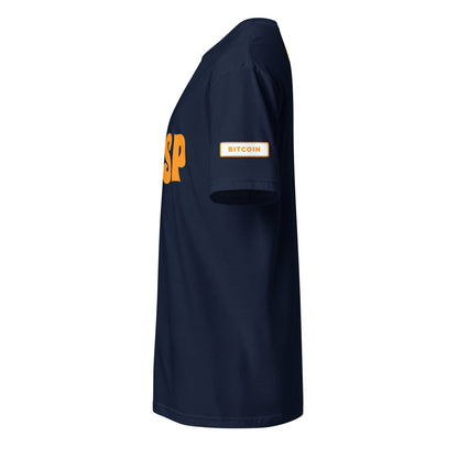 The side view of the navy blue HFSP Unisex Tee features striking orange "BSP" text on the chest. The left sleeve is adorned with a small rectangular patch that reads "BITCOIN" in orange on a white background. This minimalist T-shirt, inspired by the lively style of cities such as Sydney and Brisbane, remains free of any additional designs.