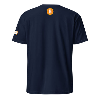 The navy blue HFSP Unisex Tee displays a prominent orange Bitcoin logo on the upper back, featuring a stylized "B" with vertical lines. A small orange tab labeled "WON" in white decorates the left sleeve. This short-sleeved shirt offers a simple design, ideal for embracing the Bitcoin vibe in Sydney or Melbourne.