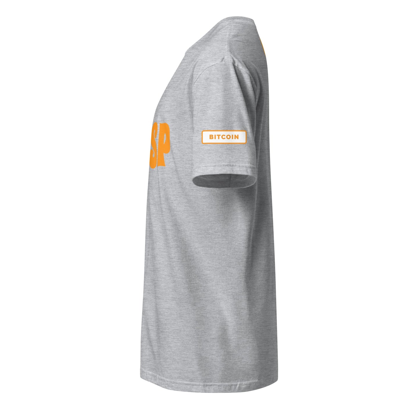 Side view of the HFSP Unisex Tee in gray, showcasing an orange "SP" logo on the front. The sleeve displays a white patch with "Bitcoin" written in orange letters. Set against a plain white background, this tee is perfect for fans from Sydney to Brisbane looking for trendy apparel.