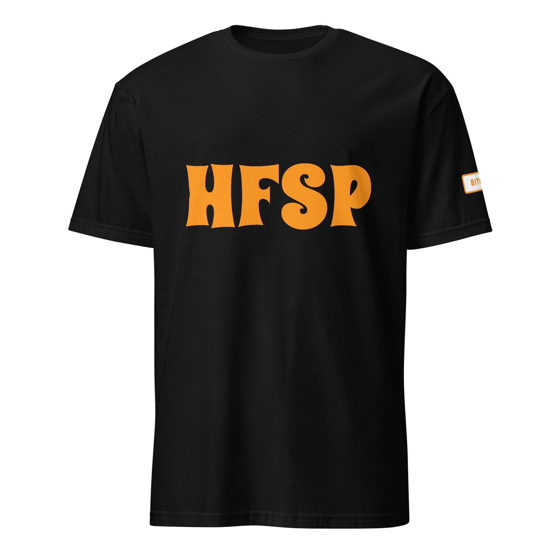 The HFSP Unisex Tee showcases bold orange "HFSP" text in a playful font across the chest, capturing the vibrant spirit of Brisbane. It also features a small tag on the sleeve with indistinct text.