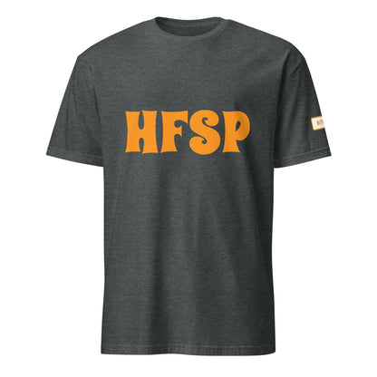 Dark gray HFSP Unisex Tee featuring bold, orange retro-style "HFSP" lettering across the chest and a small orange tag attached to the sleeve. The shirt is set against a plain white background, capturing the essence of Sydney's vibrant street style.