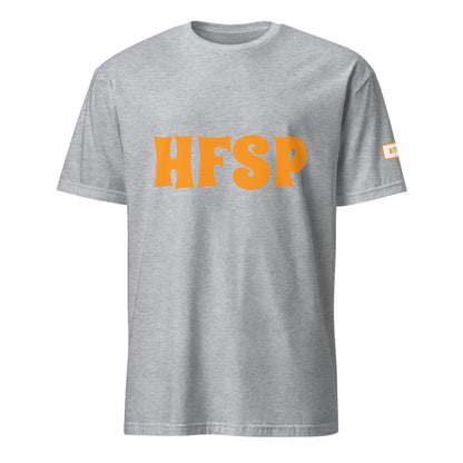 The HFSP Unisex Tee is a light gray T-shirt with bold, uppercase orange "HFSP" letters across the chest. It features a small label on the sleeve displaying "off limits" in orange. Ideal for warm days in Brisbane or exploring Melbourne, this shirt includes a classic crew neck and short sleeves.