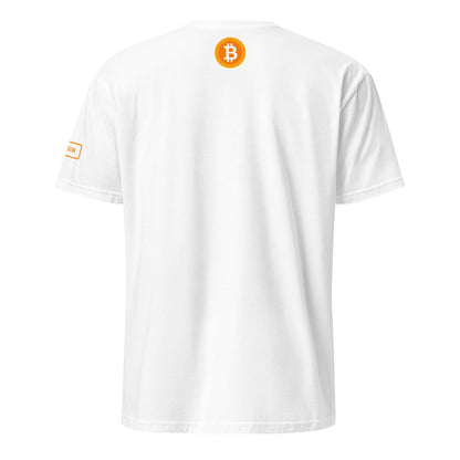 The HFSP Unisex Tee is displayed from the back, featuring a small orange circle with a white Bitcoin symbol centered near the top. The left sleeve includes a small rectangular orange patch. Ideal for those who appreciate the vibrant style of Sydney and Melbourne.