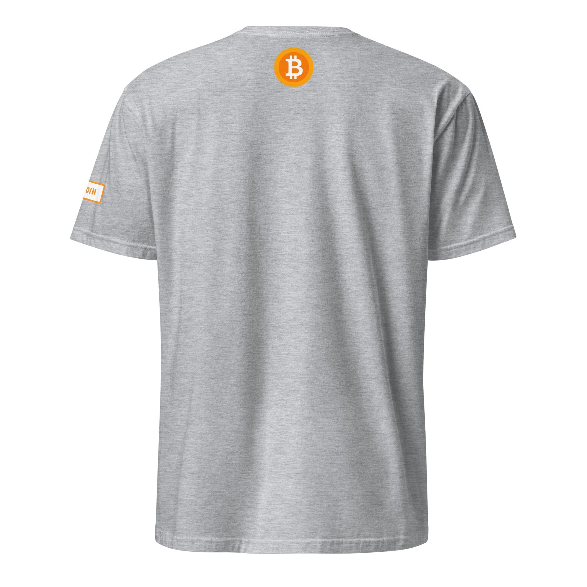 The HFSP Unisex Tee is displayed from the back, showcasing an orange circle with a white Bitcoin symbol prominently in the upper center. An orange tag reading "BITCOIN" in white decorates the left sleeve. With its simple and minimalistic design, it's ideal for fans of Sydney's vibrant scene or Melbourne's trendsetters.