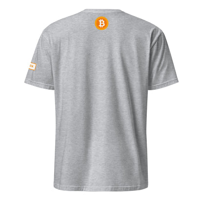 The HFSP Unisex Tee is displayed from the back, showcasing an orange circle with a white Bitcoin symbol prominently in the upper center. An orange tag reading "BITCOIN" in white decorates the left sleeve. With its simple and minimalistic design, it's ideal for fans of Sydney's vibrant scene or Melbourne's trendsetters.