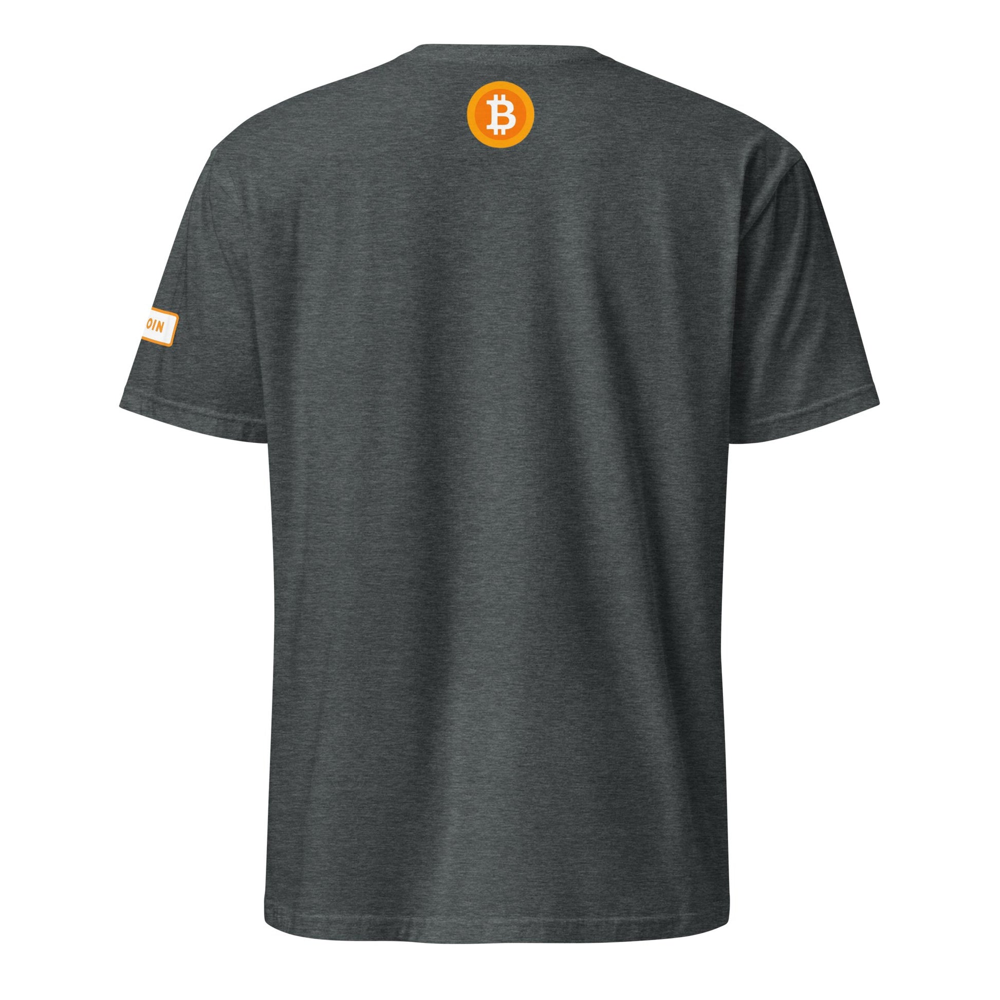 The HFSP Unisex Tee is a dark gray T-shirt showcasing a prominent orange Bitcoin logo on the upper back, ideal for leisurely walks in Brisbane. Additionally, it features a small tag on the left sleeve with the Bitcoin symbol and boasts a fabric with a subtle heathered texture.