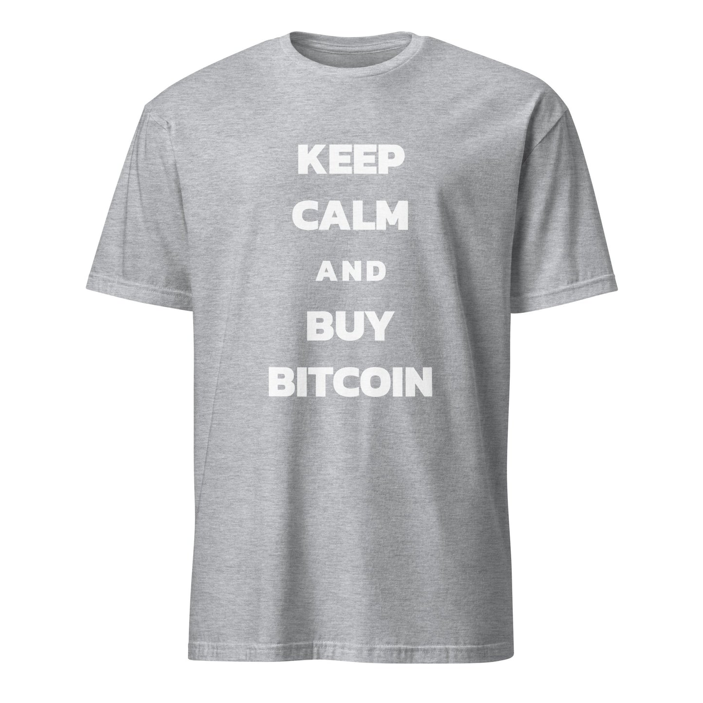 A gray "Keep Calm Unisex T-Shirt" featuring bold white text reading "KEEP CALM AND BUY BITCOIN" on the front. This minimalist design, set against a plain background with large capital letters for emphasis, is perfect for making a statement from Brisbane to Melbourne.