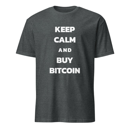 The Keep Calm Unisex T-Shirt is a dark grey crew neck with short sleeves, showcasing bold white text in capital letters that reads "KEEP CALM AND BUY BITCOIN" in a straightforward sans-serif font. This shirt embodies the vibrant spirit of Australia from Sydney to Brisbane.