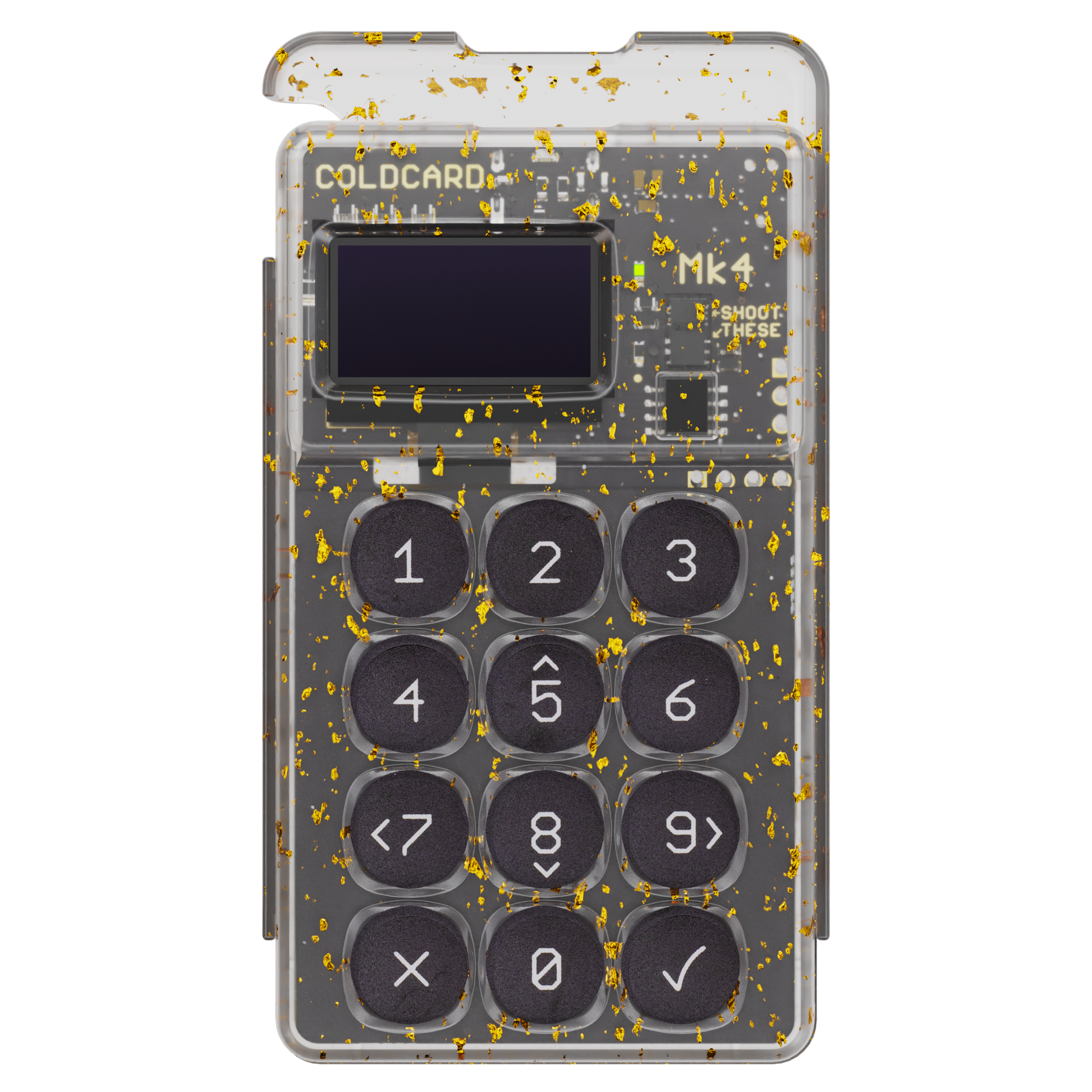 A Coinkite Coldcard Mk4 Bitcoin hardware wallet is shown. It features a clear plastic casing that reveals black and gold circuitry inside. The front of the device includes a small screen at the top, and below it, a user-friendly keypad with black buttons numbered 0-9, directional arrows, a checkmark, and an X.