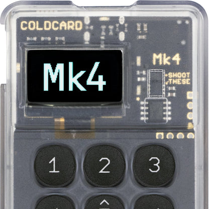 Close-up of a transparent electronic device displaying "Mk4" on a small screen. The background highlights circuit board details and the words "SMSF Multi-Sig Bundle" printed at the top. Below the screen, black buttons numbered 1 to 3 can be seen, similar to Bitcoin wallets favored in Sydney and Brisbane.