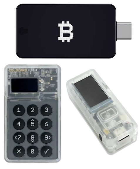 Displayed are the three wallets included in the SMSF Multi-Sig Bundle: one resembles a USB stick adorned with a Bitcoin logo, another is equipped with a small keypad and display, and the third is a compact gadget featuring a transparent case that reveals its internal components. Perfect for enthusiasts in Sydney, Melbourne, and Brisbane.