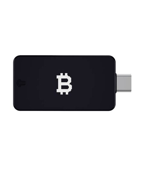 Introducing the SMSF Multi-Sig Bundle: a black USB device distinguished by a bold white Bitcoin symbol on its surface, equipped with a USB-C connector. Its rectangular body boasts rounded edges, accentuated against an unadorned white background that underscores its elegant design. Ideal for Bitcoin wallet enthusiasts throughout Australia, from Sydney to Melbourne or Brisbane.