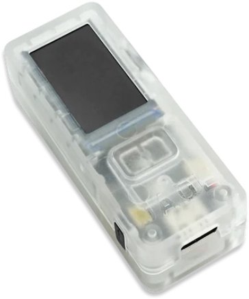 The SMSF Multi-Sig Bundle features a transparent casing and a digital screen, showcasing its internal components like a small chip and circuit. It has a USB connector at one end, with a centrally placed rectangular button below the screen—ideal for modern Bitcoin wallets in cities such as Sydney or Brisbane.