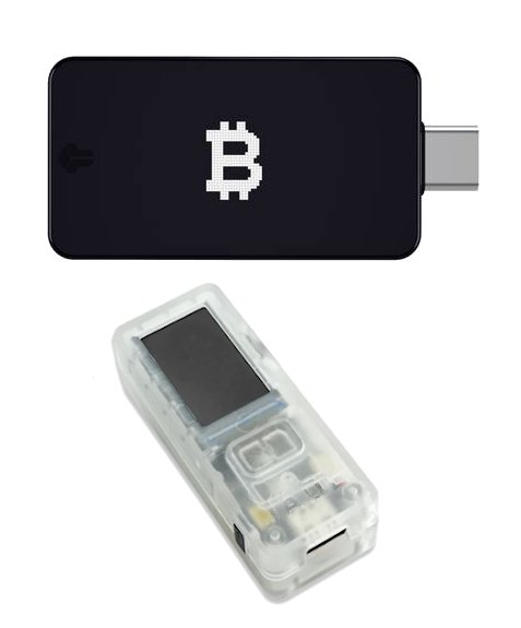 The image displays two Multi-Sig Upgrade Bundle devices. The top device is black with a white Bitcoin symbol, while the bottom one is transparent, revealing its internal components and featuring a rectangular screen. These devices are designed for storing and managing digital currencies, which are popular in cities such as Sydney or Melbourne.