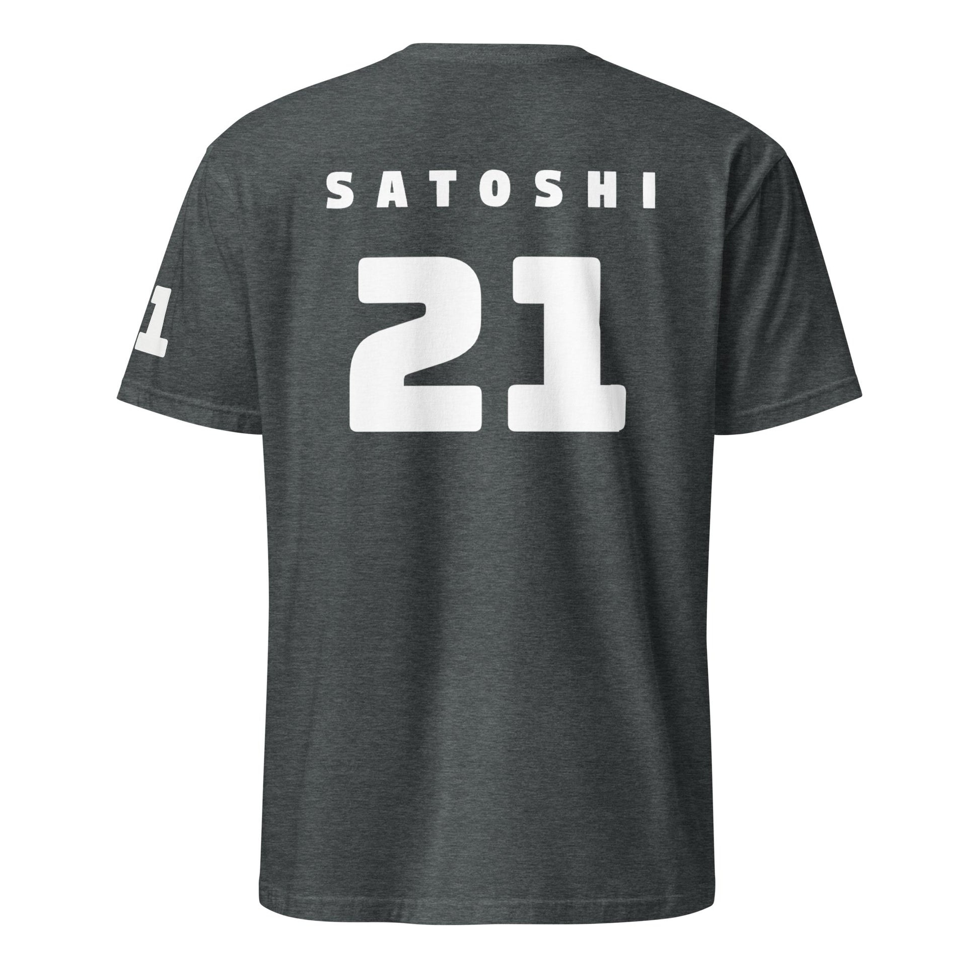 The Satoshi 21 T-Shirt is a dark gray top showcasing "SATOSHI" in bold white letters across the upper back, complemented by a large number "21" beneath it for a sporty look. The left sleeve also displays a white "21," enhancing its athletic style. Ideal for Bitcoin enthusiasts in cities like Sydney and Brisbane.