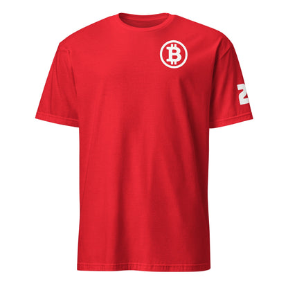 The Satoshi 21 T-Shirt in a vibrant red features a white Bitcoin logo on the upper left chest, exuding a style inspired by Sydney's streets. A bold "23" is prominently displayed on the right sleeve in crisp white. Set against a plain white background, this T-shirt embodies the essence of Australia with every wear.