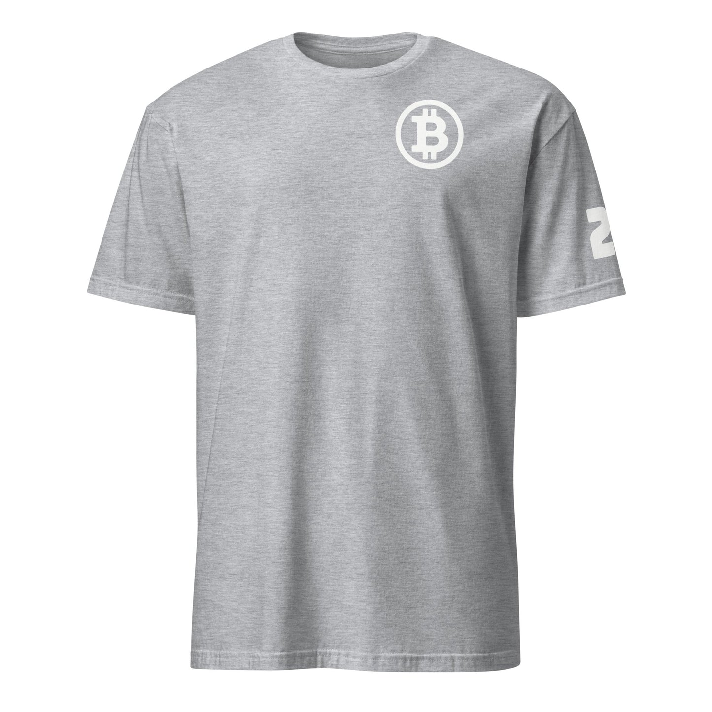 Satoshi 21 T-Shirt in gray, showcasing a white Bitcoin logo on the front left chest and the number "23" on the left sleeve. The design draws inspiration from Australia's dynamic cities such as Sydney and Brisbane, and is presented against a plain white backdrop.