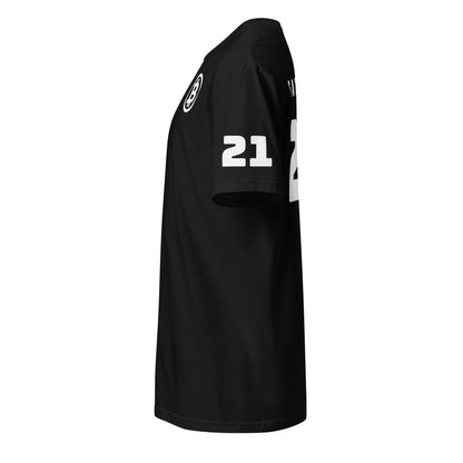 A sleek, side view of the black Satoshi 21 T-Shirt features a white number "21" on the sleeve and a circular logo on the chest. The back partially displays another "21". Ideal for making a statement in lively cities like Sydney or Melbourne. Presented against a plain white background.