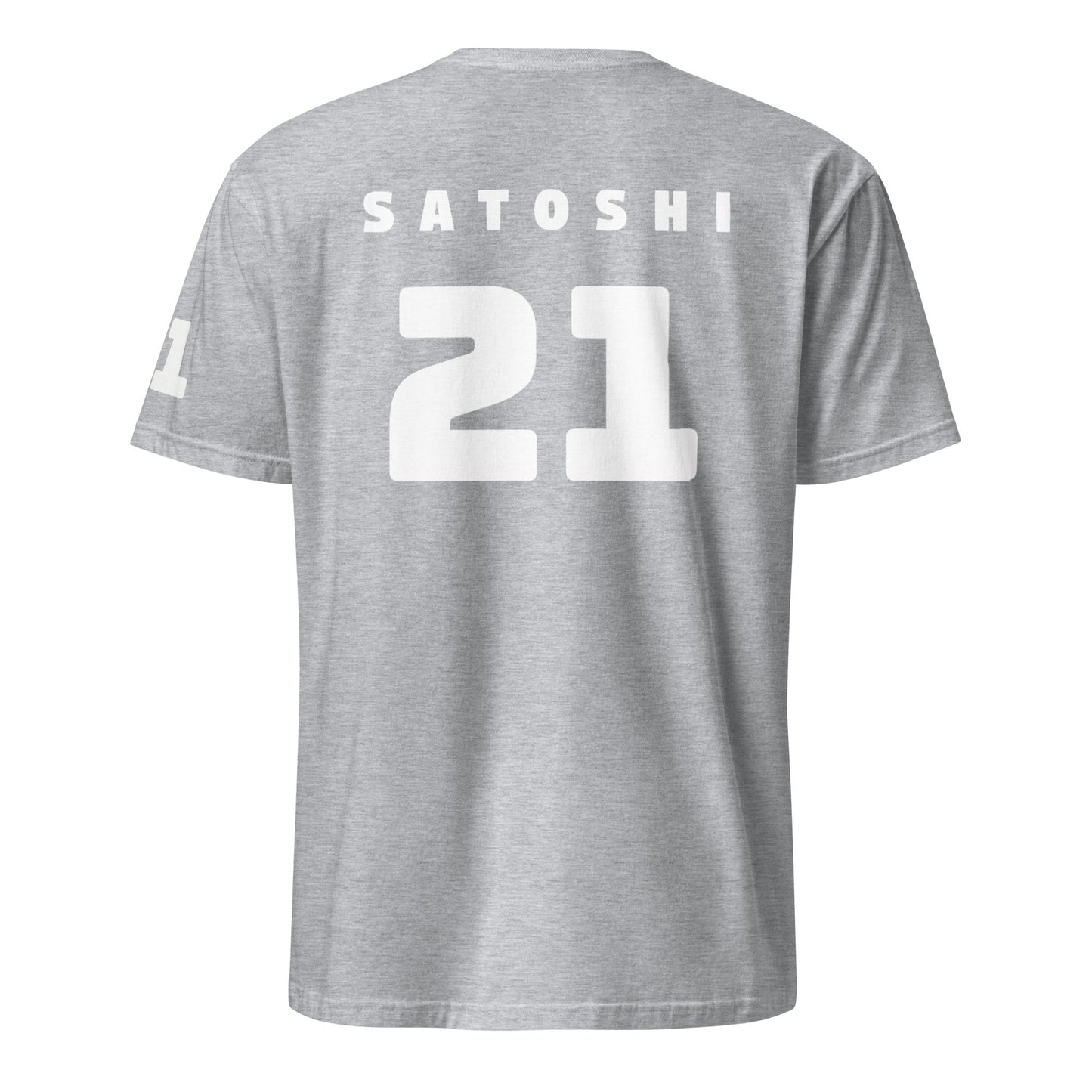 The Satoshi 21 T-Shirt features a gray design with "SATOSHI" in white block letters across the upper back and a prominent white number "21" below. With its short sleeves and minimalist style, it's ideal for casual outings. Perfect for Bitcoin enthusiasts from Brisbane to Melbourne, it captures the relaxed Australian spirit.